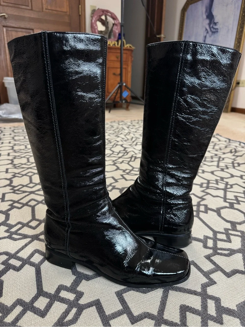 La Canadienne Black Patent Leather Knee High Square Toe Riding Boots Size 7.5 M